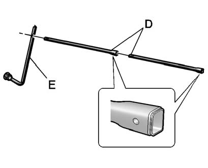 4. Assemble the two jack handle extensions (D) and wheel wrench (E), as shown.